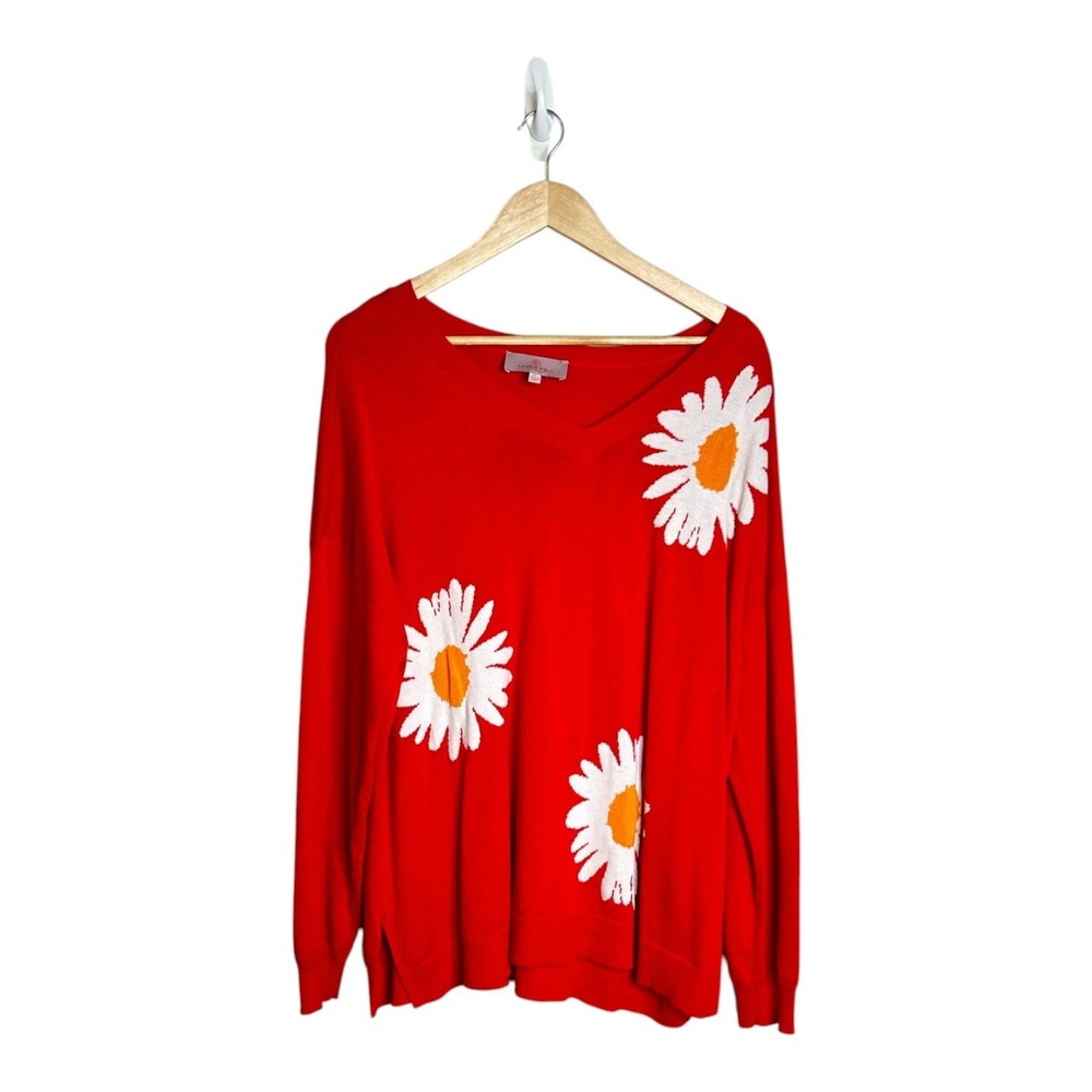 Laurie Felt Cashmere Blend Daisy V-Neck Sweater Red XL